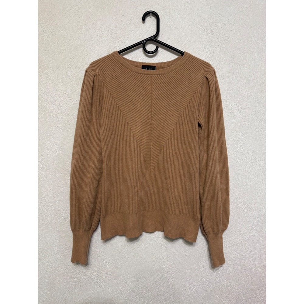 VICI Women's Medium Tan Dark Beige Sweater Ribbed Soft Classy Preppy Versatile